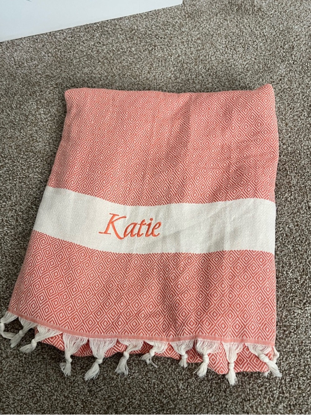 NWOT coral orange pink Turkish towel blanket with “katie”